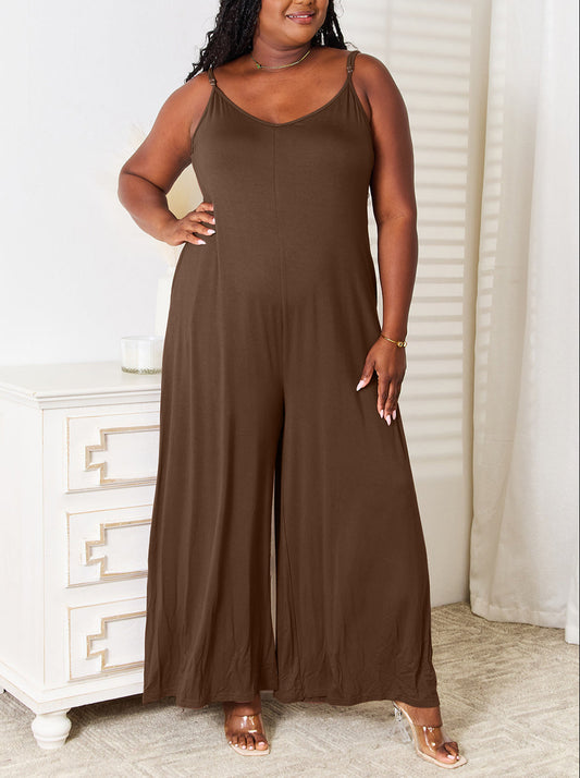 Double Take Soft Rayon Spaghetti Strap Tied Wide Leg Jumpsuit