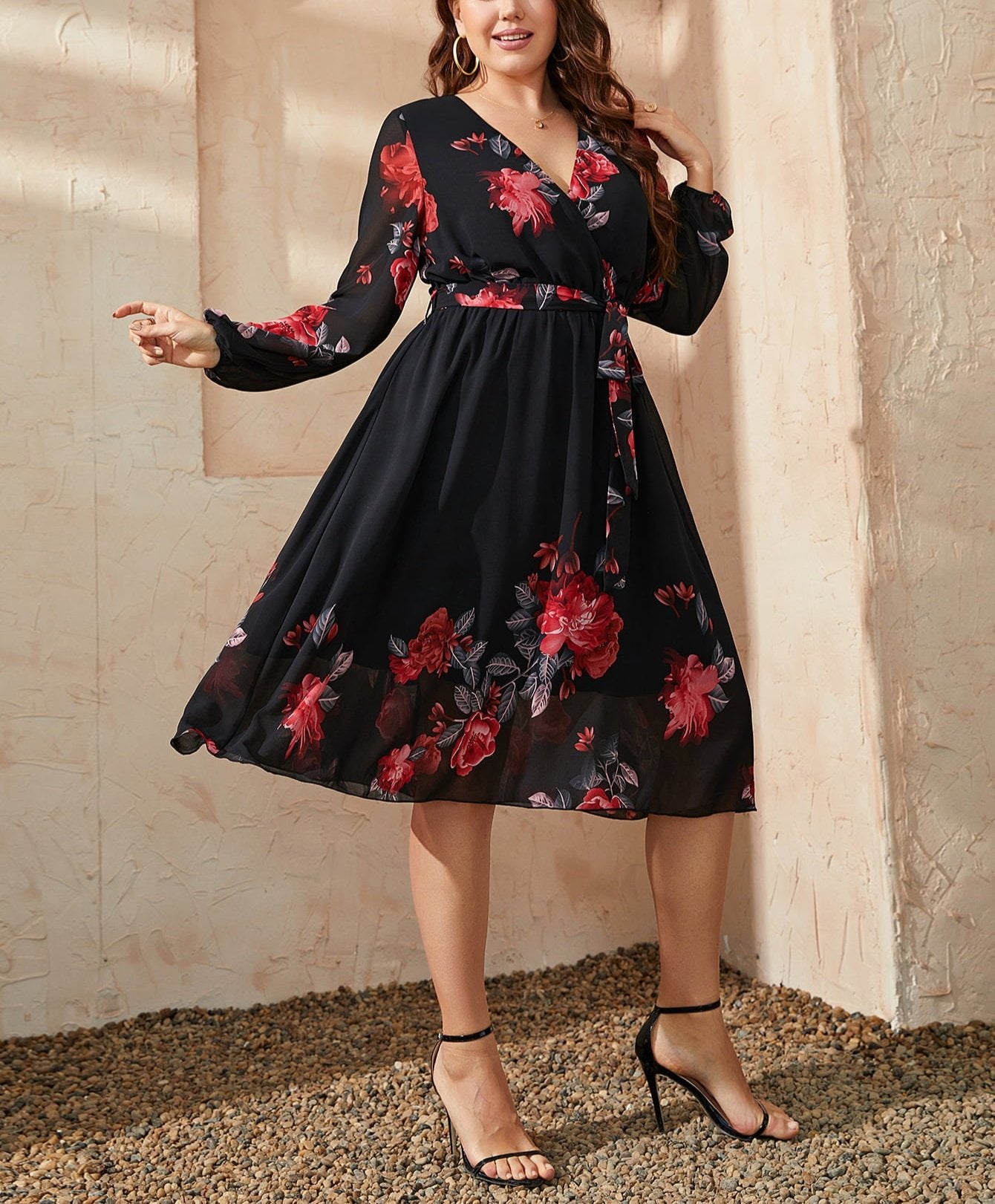 Floral Surplice Neck Tie Waist Dress