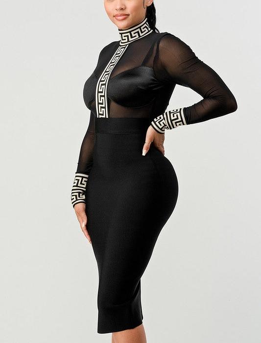 Athina Mesh Contrast Print Bandage Dress
