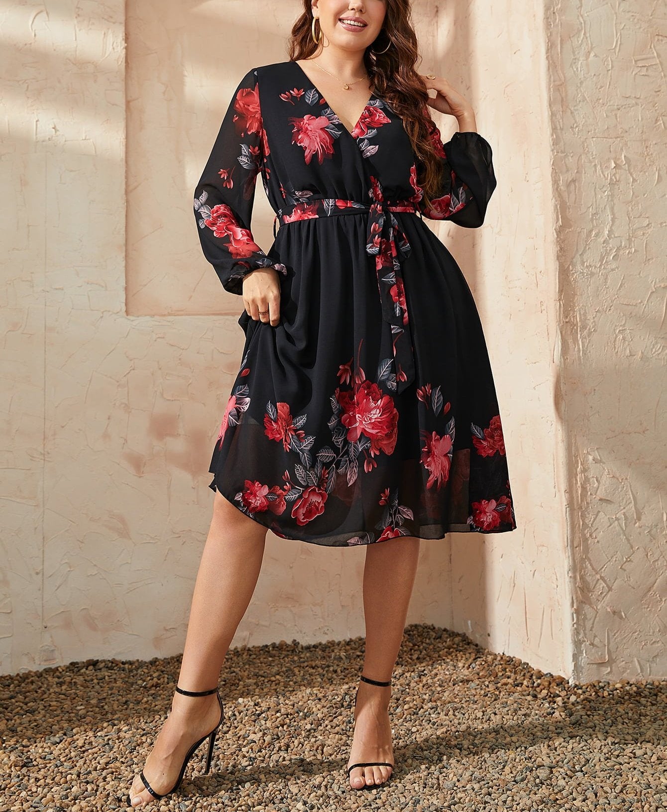 Floral Surplice Neck Tie Waist Dress