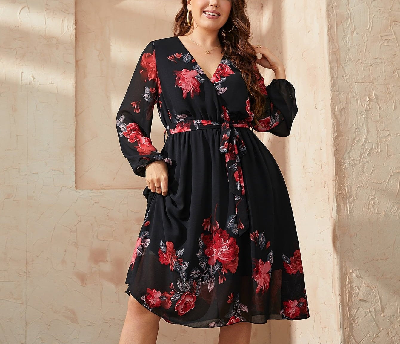 Floral Surplice Neck Tie Waist Dress