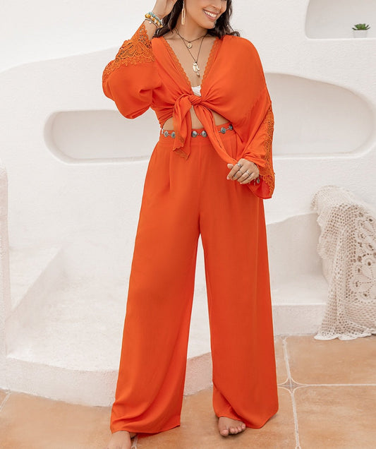 Lace Detail Long Sleeve Top and Pants Set