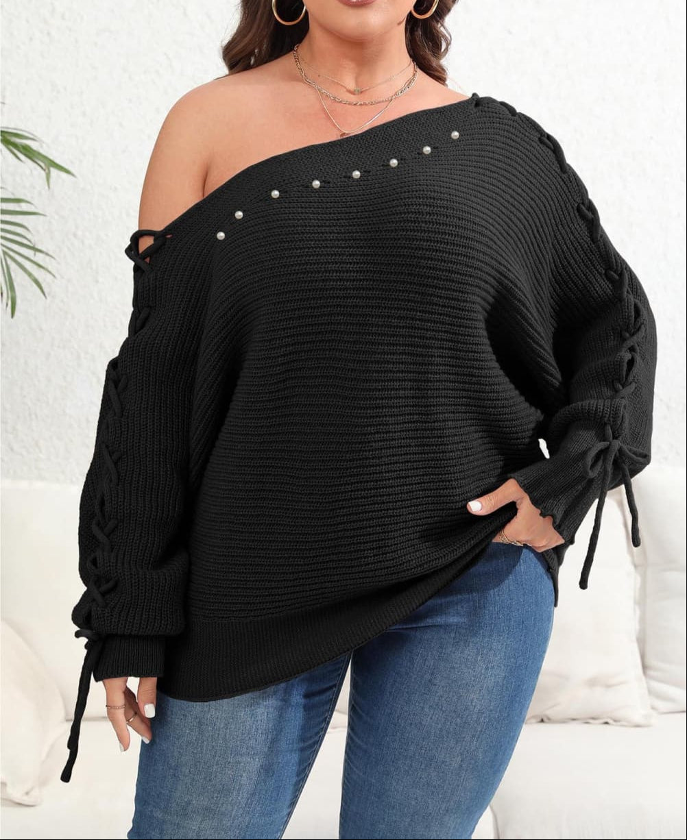 Plus Size One Shoulder Beaded Sweater