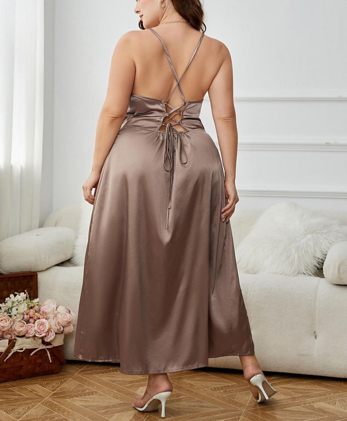 Lace-Up Spaghetti Strap Dress with side Split