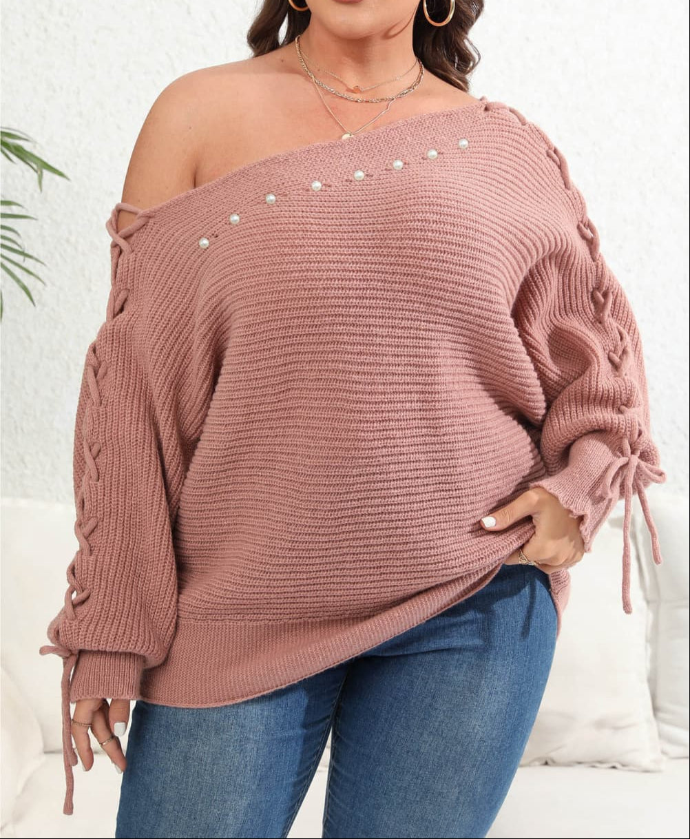 Plus Size One Shoulder Beaded Sweater