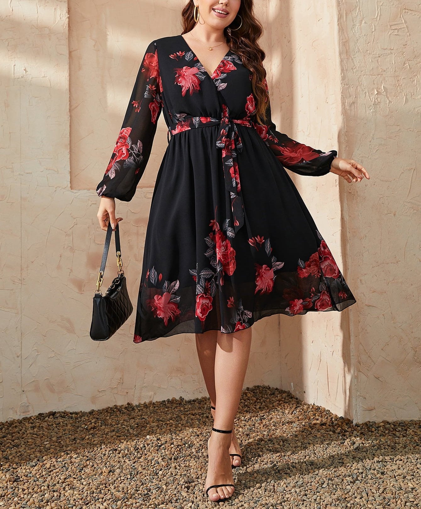 Floral Surplice Neck Tie Waist Dress