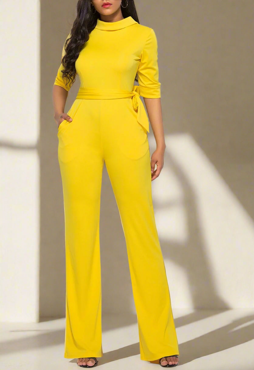 Mock Neck Tie-Waist Half Sleeve Jumpsuit