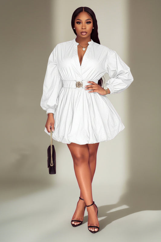 Notched Button Up Balloon Sleeves Dress