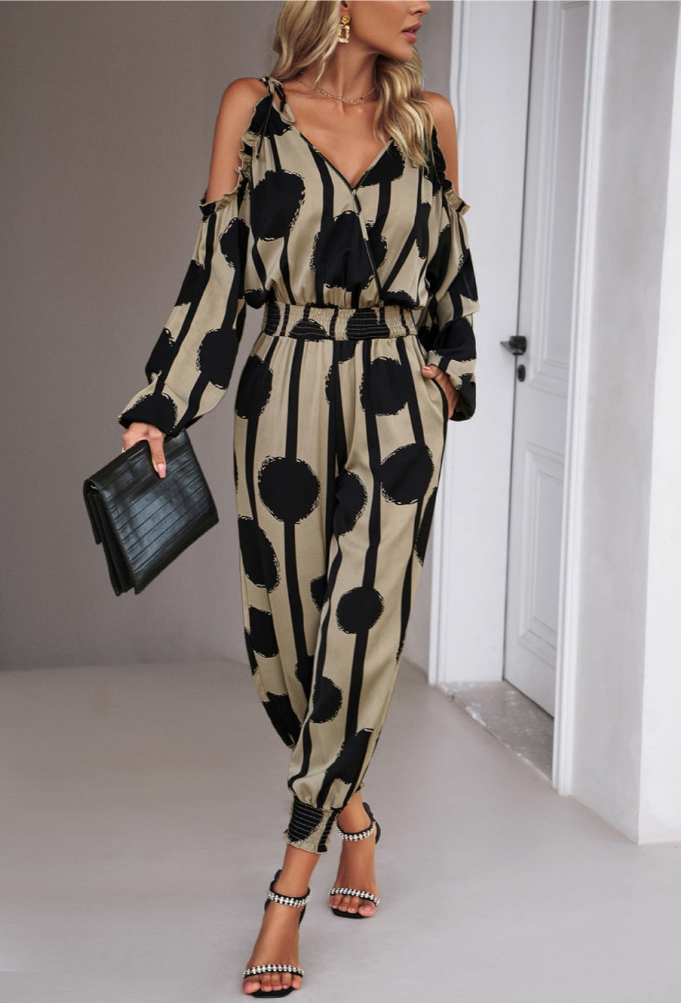Printed Cold-Shoulder Surplice Neck Jumpsuit