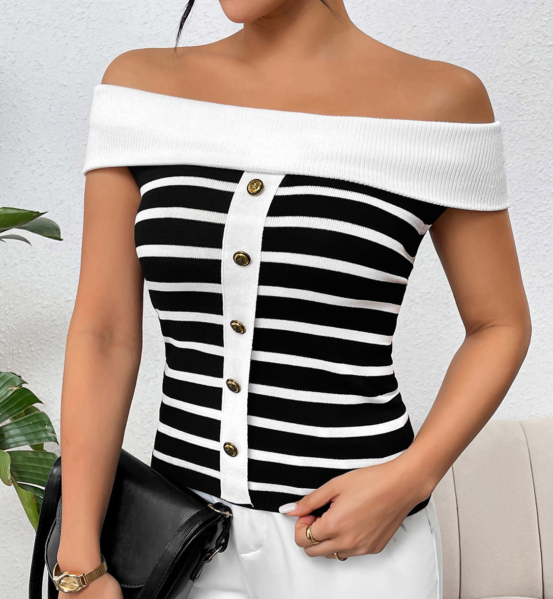 Decorative Button Striped Off-Shoulder Knit Top