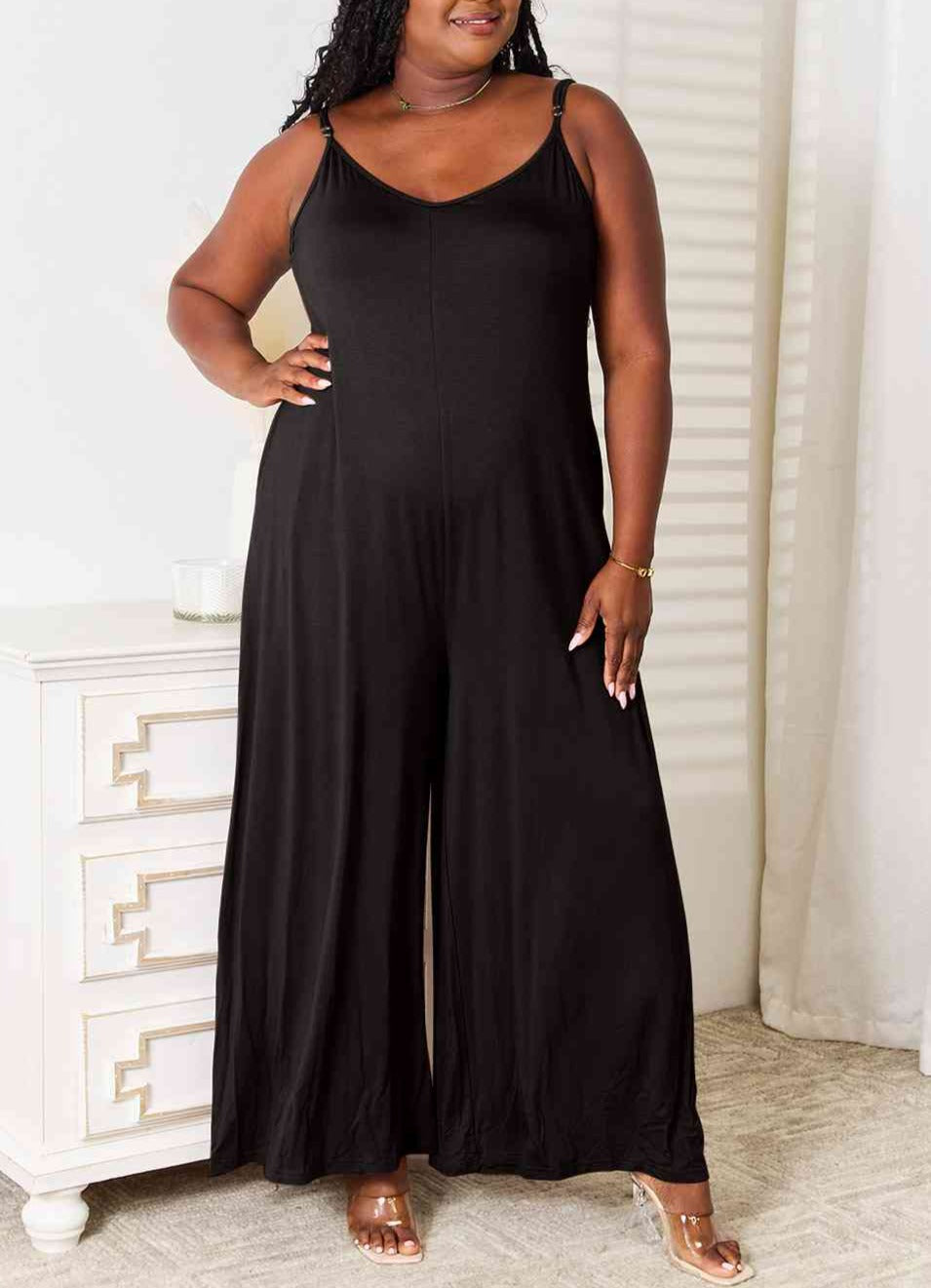 Double Take Soft Rayon Spaghetti Strap Tied Wide Leg Jumpsuit