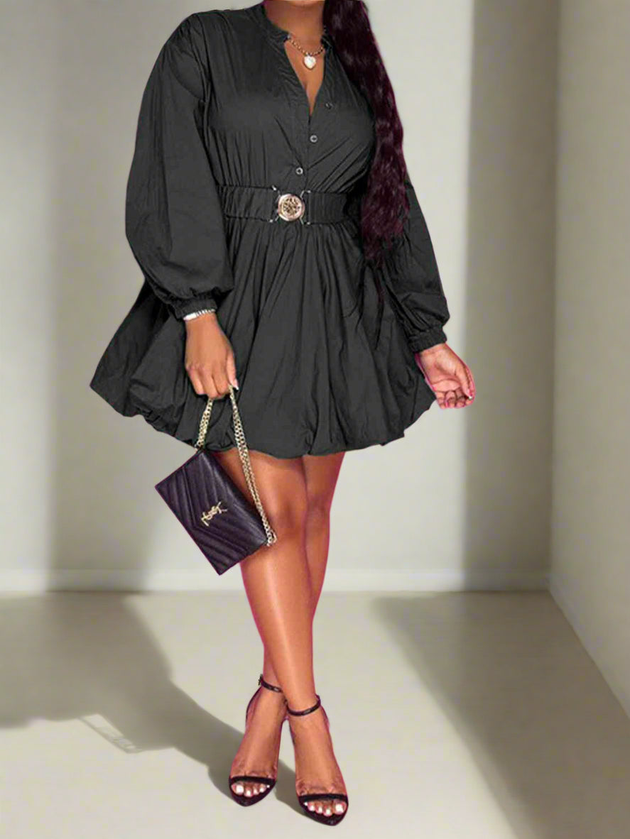 Notched Button Up Balloon Sleeves Dress