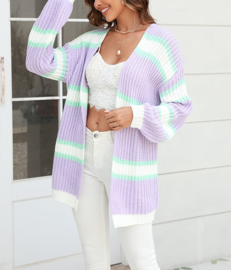 Color Block Ribbed Dropped Shoulder Open Front Cardigan