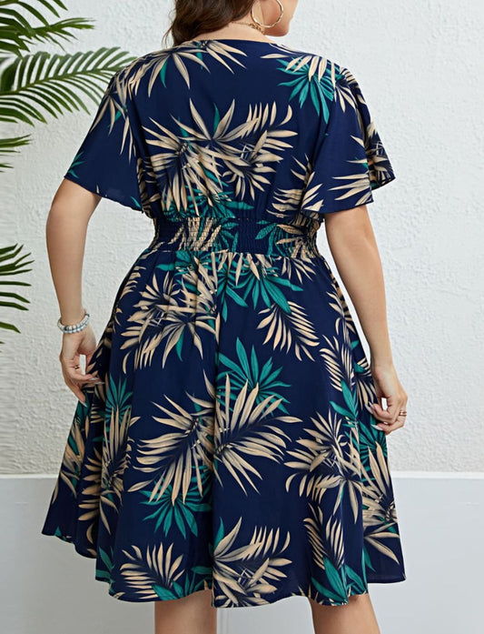 Botanical Print Flutter Sleeve Smocked Waist Dress