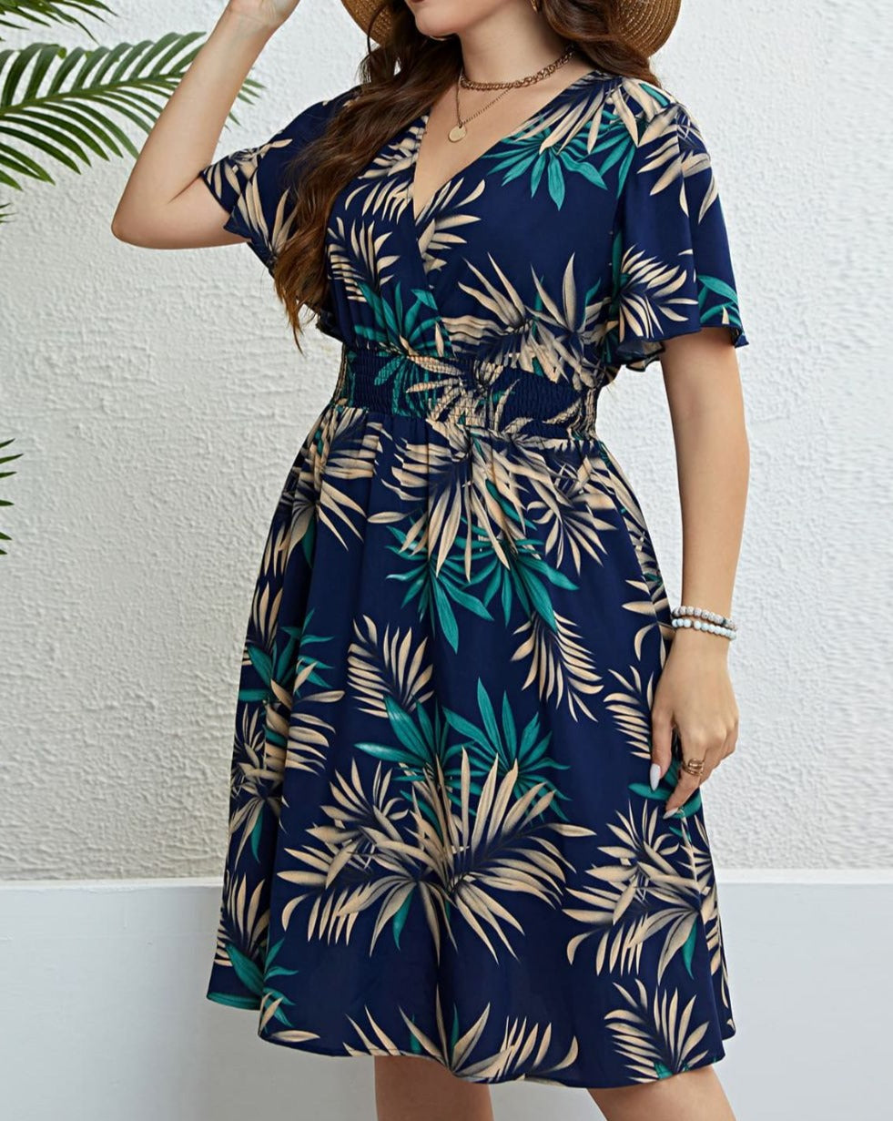 Botanical Print Flutter Sleeve Smocked Waist Dress