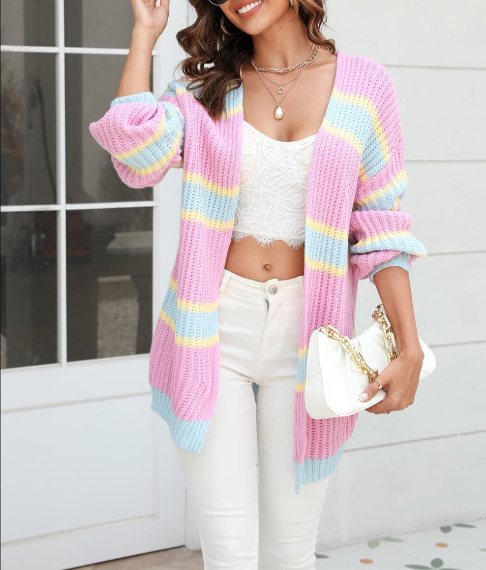 Color Block Ribbed Dropped Shoulder Open Front Cardigan