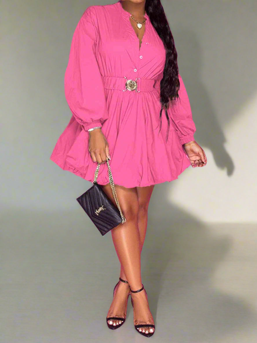 Notched Button Up Balloon Sleeves Dress
