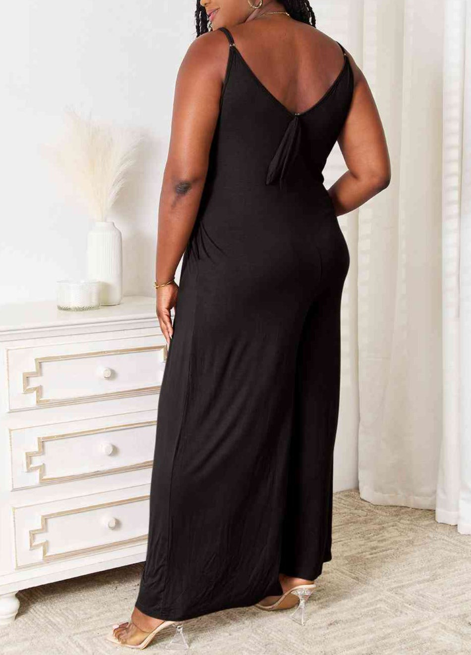 Double Take Soft Rayon Spaghetti Strap Tied Wide Leg Jumpsuit