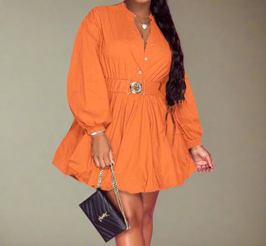 Notched Button Up Balloon Sleeves Dress