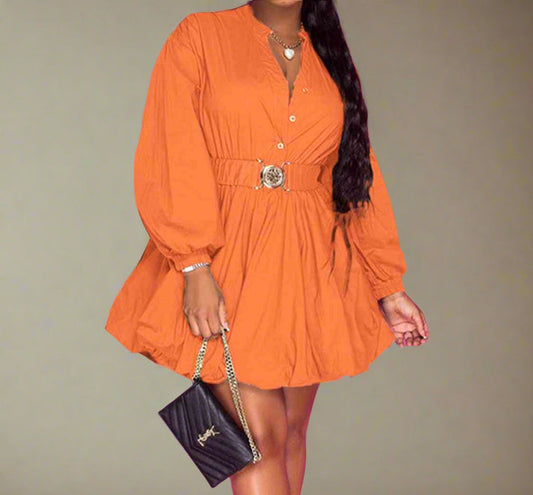 Notched Button Up Balloon Sleeves Dress