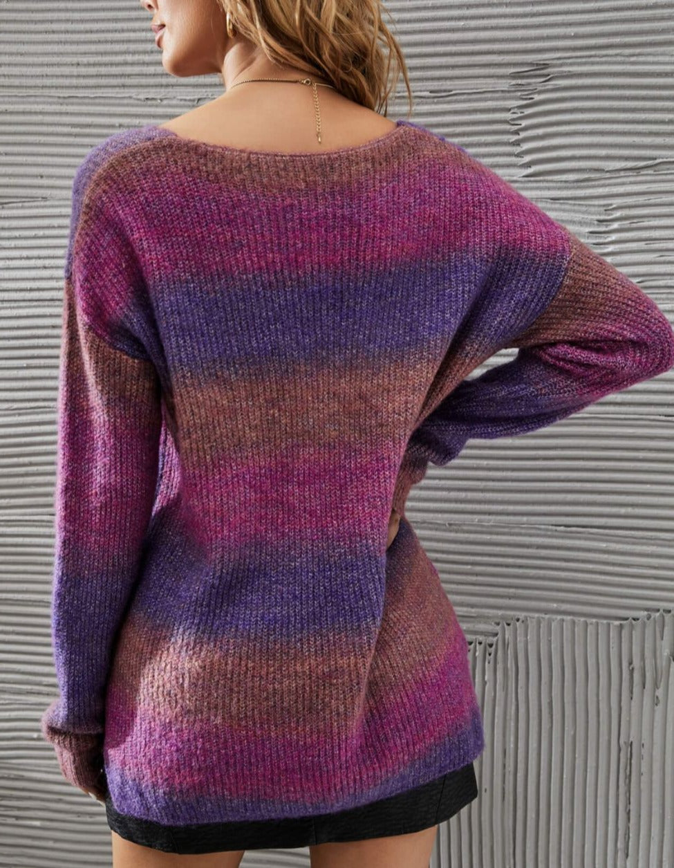 Multicolored Rib-Knit V-Neck Knit Pullover