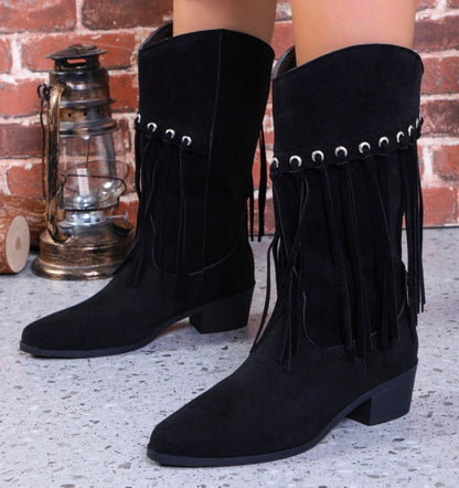 Fringe Suede Point Toe Block Heel Boots