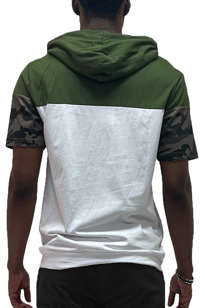 Camo and Solid Design Block Hooded Shirt