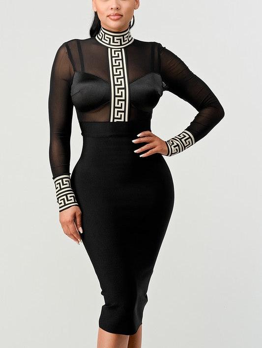 Athina Mesh Contrast Print Bandage Dress