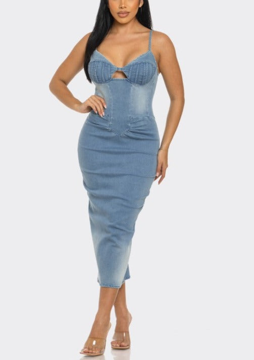 ATHINA CASUAL LIGHT WASHED DENIM MIDI DRESS