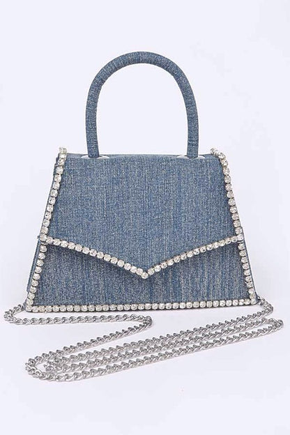 Rhinestone Accent Denim Top Handle Clutch Bag