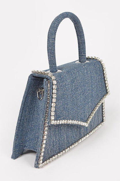 Rhinestone Accent Denim Top Handle Clutch Bag