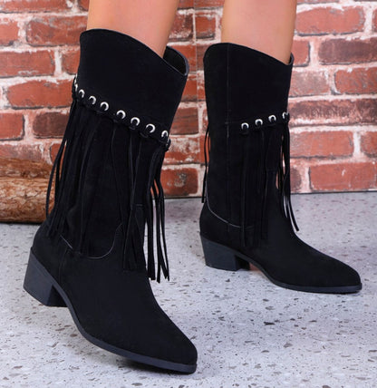 Fringe Suede Point Toe Block Heel Boots