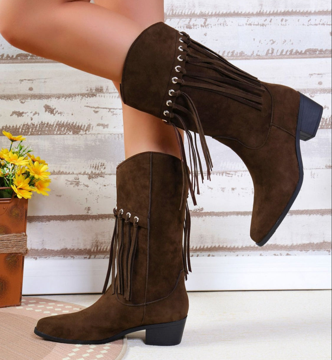 Fringe Suede Point Toe Block Heel Boots