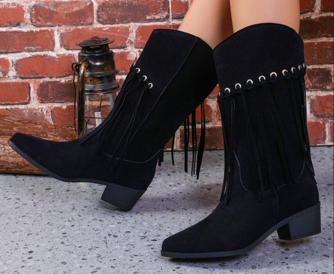 Fringe Suede Point Toe Block Heel Boots