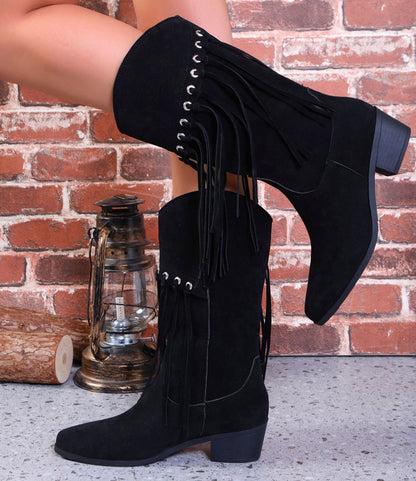 Fringe Suede Point Toe Block Heel Boots