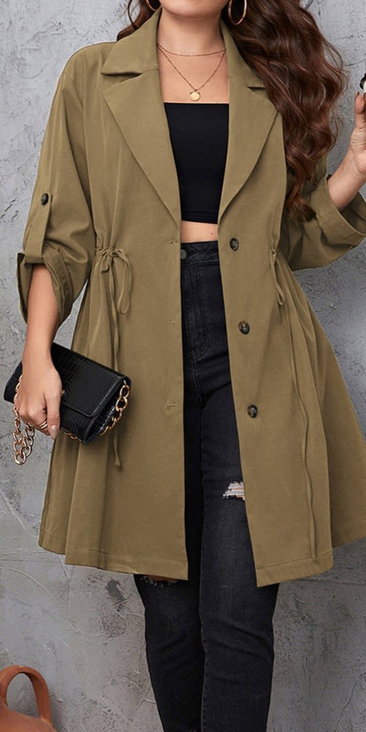 Lapel Collar Drawstring Roll-Tab Sleeve Trench Coat