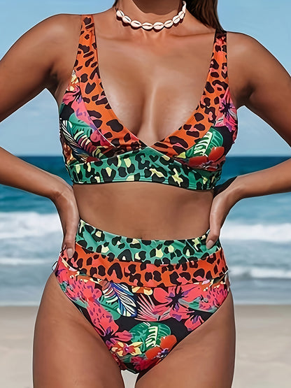 Leopard Plunge Wide Strap Two-Piece Swim Set