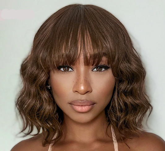 Chocolate Brown Loose Wave Bob Wig with Bangs