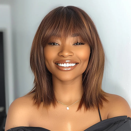 Ombre Highlight Brown Yaki Bob Wig with Bangs