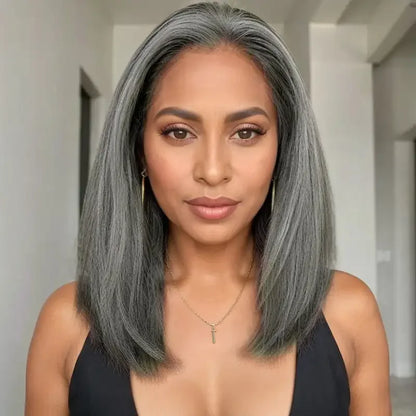 Salt and Pepper Grey Kinky Straight Short Glueless Bob Wig