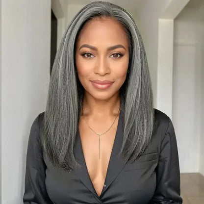 Salt and Pepper Grey Kinky Straight Short Glueless Bob Wig