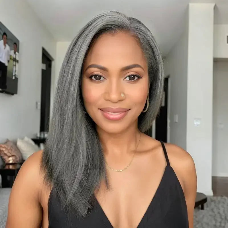 Salt and Pepper Grey Kinky Straight Short Glueless Bob Wig