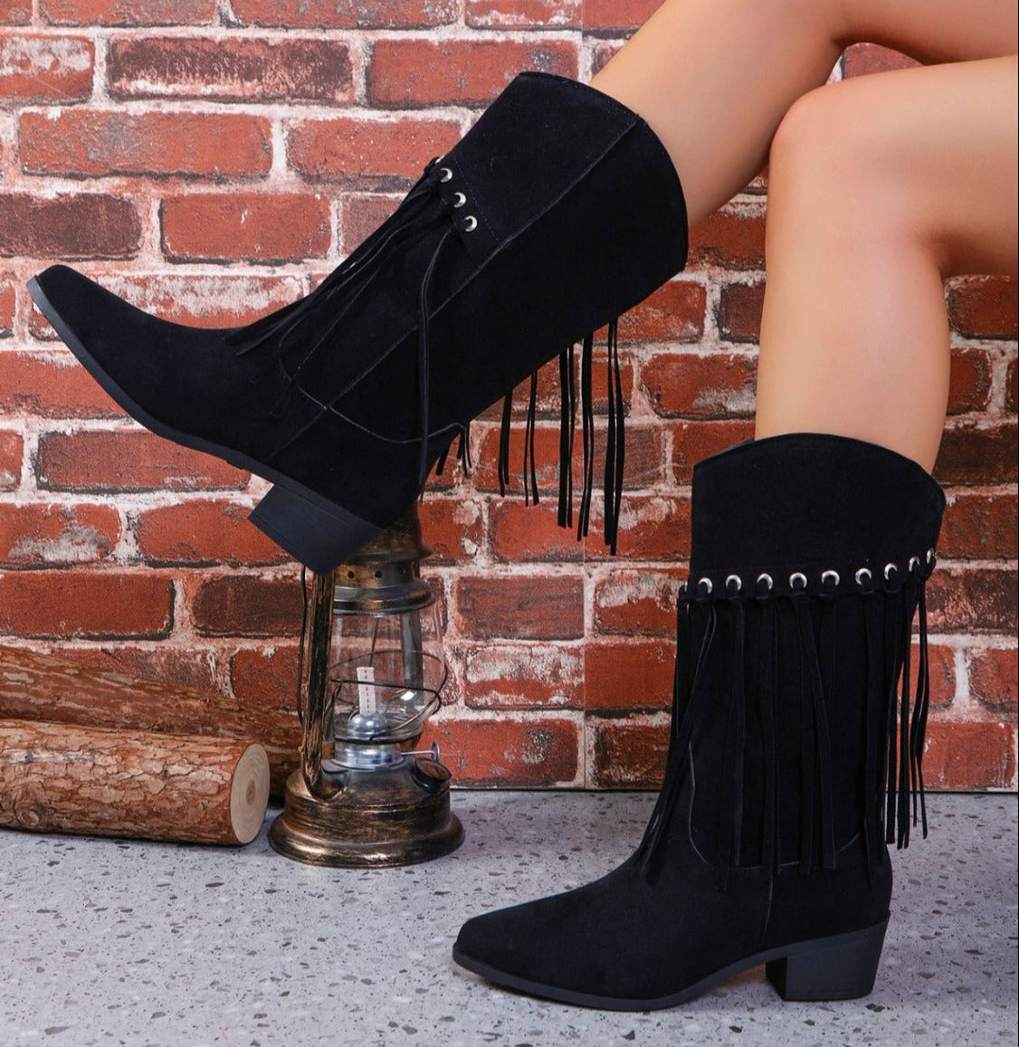 Fringe Suede Point Toe Block Heel Boots