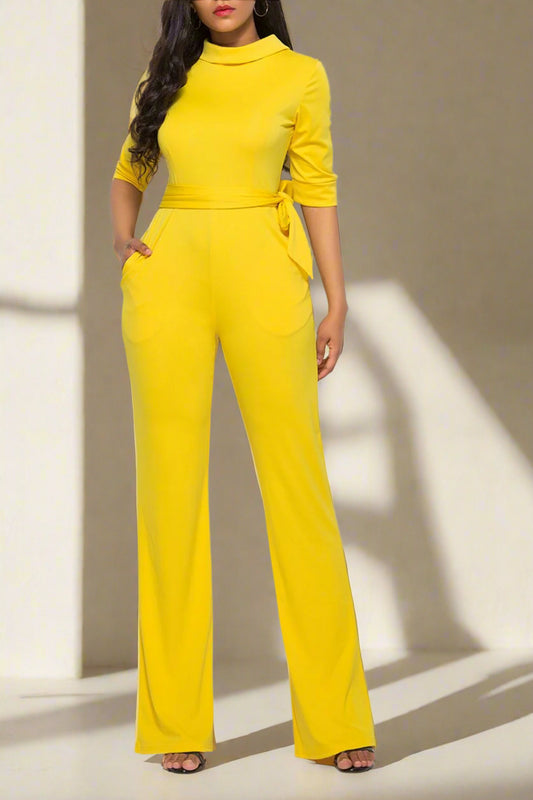 Mock Neck Tie-Waist Half Sleeve Jumpsuit