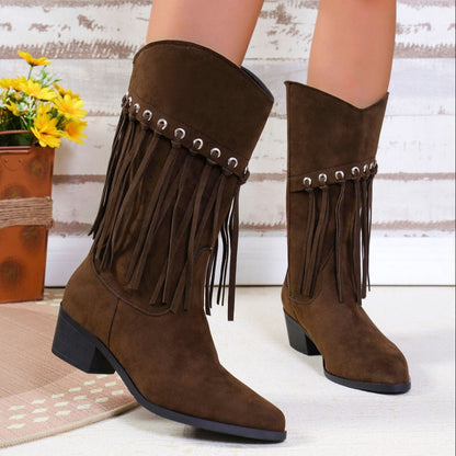 Fringe Suede Point Toe Block Heel Boots