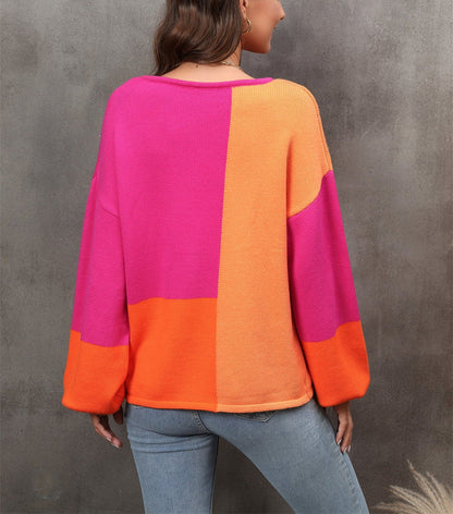 Angel Wings Color Block Round Neck Dropped Shoulder Sweater