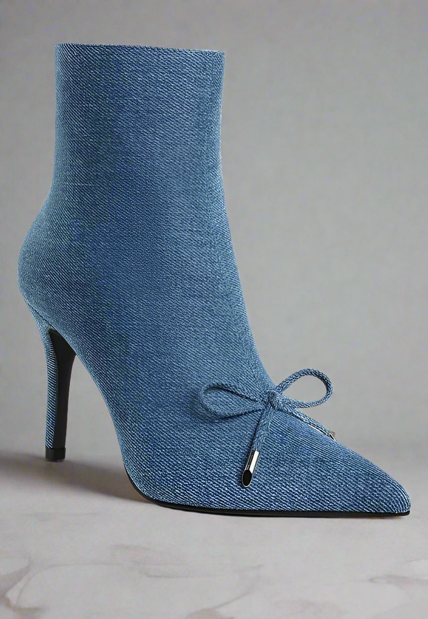 Flapper Bow Detail Denim Ankle Boots