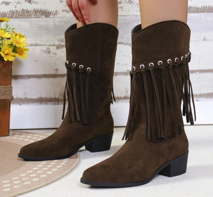 Fringe Suede Point Toe Block Heel Boots