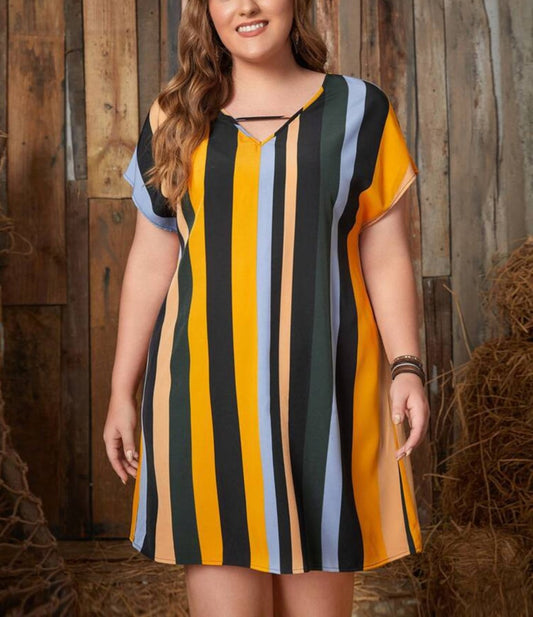 Plus Size Striped Short Sleeve Mini Dress