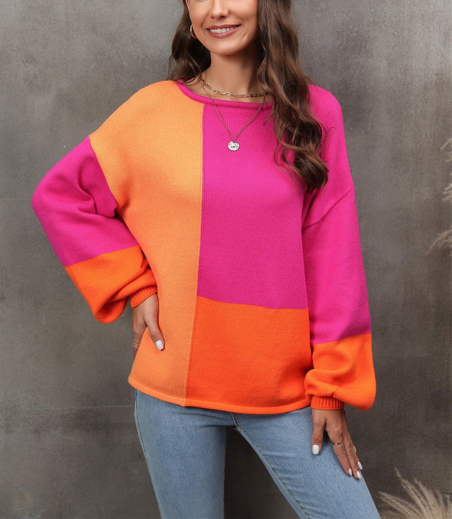 Angel Wings Color Block Round Neck Dropped Shoulder Sweater